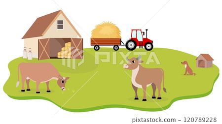 Farm Animals. Cute farm. Cow, bull and dog in a farmyard. Collection of farm animals in a barnyard. Baby flat vector illustration. Farm Animals. Cute farm. Cow, bull and dog in a farmyard. Collection of farm animals in a barnyard. Baby flat vector illustration. 120789228