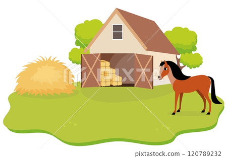 Farm Animals. Cute farm. A bay horse in a farmyard. Collection of farm animals in a barnyard. Baby flat vector illustration. 120789232