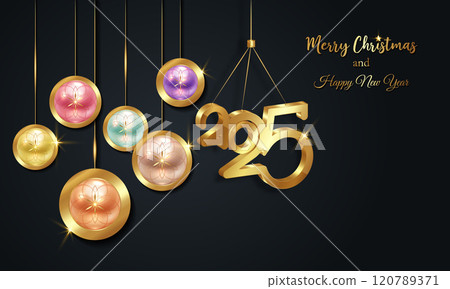 Christmas luxury holiday banner with gold handwritten Merry Christmas and 2025 Happy New Year greetings and gold colored Christmas balls. Vector illustration isolated on black background 120789371