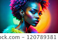 Dreadlocks Hairstyle Beautiful Young Woman in color lights 120789381
