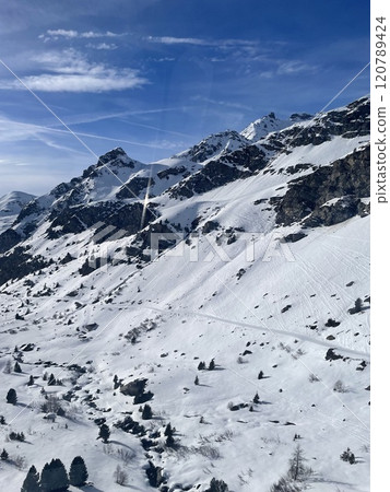 Panoramic snow view in ski resort Val Thorens ,France. Alps mountains 120789424