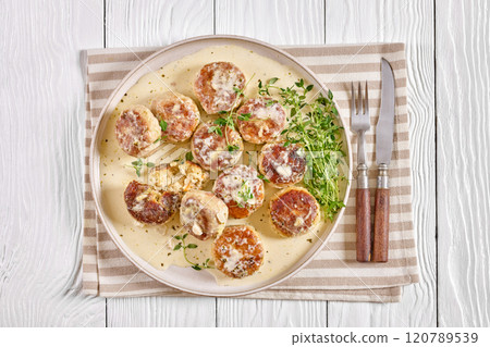 juicy chicken rissoles, cakes in rich cream sauce juicy chicken rissoles, cakes in rich cream sauce 120789539