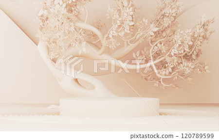 Fashion product background and stand light brown podium display with blank backdrops. 120789599