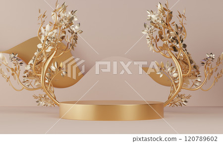 Fashion product background and stand light brown podium display with blank backdrops. Fashion product background and stand light brown podium display with blank backdrops. 120789602