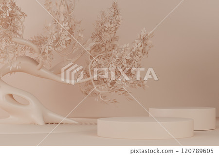 Fashion product background and stand light brown podium display with blank backdrops. 120789605