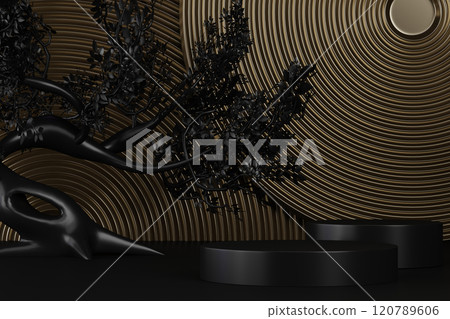 Fashion product background and stand black podium display with blank backdrops. 120789606