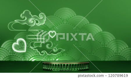 Green granite Podium geometric and plants decoration on black background .3D rendering 120789619