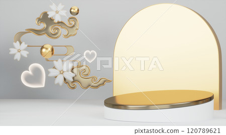 Gold stage podium decoration suitable for products.3D rendering Gold stage podium decoration suitable for products.3D rendering 120789621