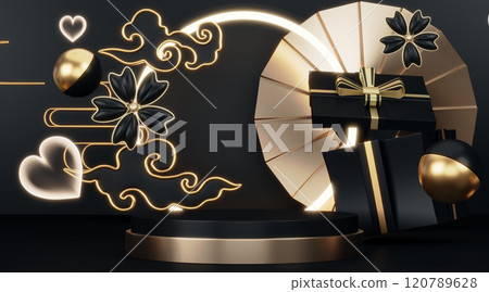 Fashion product background and stand black podium display with blank backdrops. Fashion product background and stand black podium display with blank backdrops. 120789628