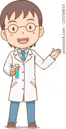 Cheerful Scientist Boy Holding Test Tube. Cheerful Scientist Boy Holding Test Tube. 120789653