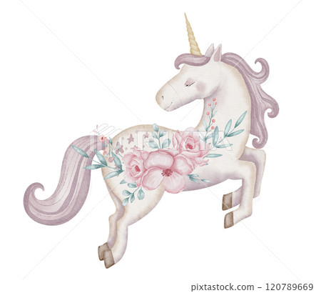 Unicorn with flowers watercolor illustration. Drawing of cute Horse with horn for Baby shower greeting cards or girls birthday invitation. Floral Pony for childish nursery. Fantasy creature for kid. Unicorn with flowers watercolor illustration. Drawing of cute Horse with horn for Baby shower greeting cards or girls birthday invitation. Floral Pony for childish nursery. Fantasy creature for kid. 120789669