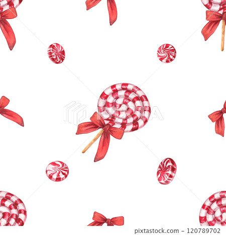 Seamless pattern in the form of red and white lollipops with decorative red bows, made in watercolor. A festive motif. Spiral sweets. The illustration is suitable for packaging, design, confectionery. Seamless pattern in the form of red and white lollipops with decorative red bows, made in watercolor. A festive motif. Spiral sweets. The illustration is suitable for packaging, design, confectionery. 120789702