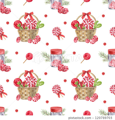 Candies and lollipops in a seamless pattern. Watercolor illustration of New Year's sweets. A basket with decorations. A festive motif. The pattern is suitable for pack, postcards, fabrics and designs. 120789703