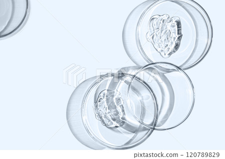 A sample of skin serum or moisturizing gel in a Petri dish. A cosmetic product. Copy space 120789829