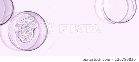 A sample of skin serum or moisturizing gel in a Petri dish. A cosmetic product. Copy space 120789830