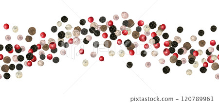 Flying white, black, red aromatic peppercorn seasoning watercolor horizontal seamless banner. Black pepper at different stages of ripening. Dried peppers illustration for food decor, kitchen design Flying white, black, red aromatic peppercorn seasoning watercolor horizontal seamless banner. Black pepper at different stages of ripening. Dried peppers illustration for food decor, kitchen design 120789961