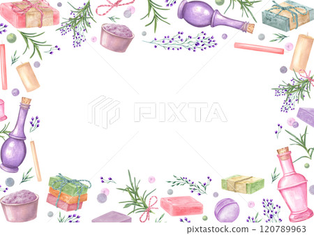 Watercolor delicate spa floral rectangle frame with empty space for text. Candle, bowl with salt, lavender, herbs, bottle, soap bars, bath bomb illustration. Horizontal border in pastel colors Watercolor delicate spa floral rectangle frame with empty space for text. Candle, bowl with salt, lavender, herbs, bottle, soap bars, bath bomb illustration. Horizontal border in pastel colors 120789963