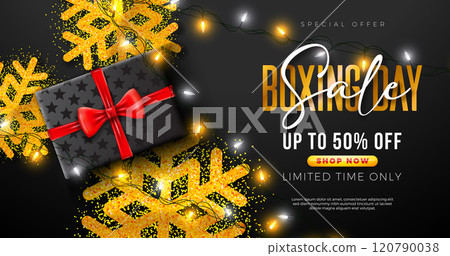 Boxing Day Sale Design with Glittered Snowflake and Gift Box on Black Background. Christmas Holiday Vector Business Illustration with Special Offer Elements for Coupon, Voucher, Banner, Flyer Boxing Day Sale Design with Glittered Snowflake and Gift Box on Black Background. Christmas Holiday Vector Business Illustration with Special Offer Elements for Coupon, Voucher, Banner, Flyer 120790038
