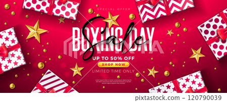 Boxing Day Sale Design with Gift Box, Golden Ornamental Ball and Typography Lettering on Red Background. Christmas Holiday Vector Business Illustration with Special Offer Elements for Coupon, Voucher 120790039