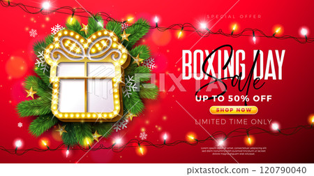 Boxing Day Sale Design with Light Bulb Billboard Gift Box and Fir Branch on Red Background. Christmas Holiday Vector Business Illustration with Special Offer Elements for Coupon, Voucher, Banner 120790040