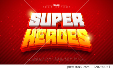 Super Heroes 3D Text Effect Design Editable and Scalable Vector Graphic Style Effect with Yellow and White Typography Lettering with Shadow on Red Background. Premium Cartoon or Movie Illustration 120790041