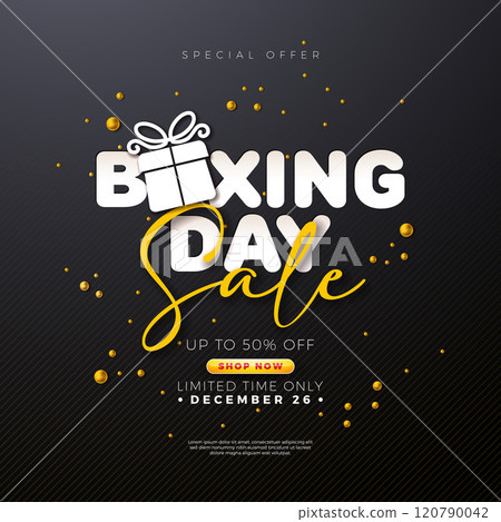 Boxing Day Sale Design with Gift Box Symbol, Golden Ornamental Ball and Typography Lettering on Black Background. Christmas Holiday Vector Business Illustration with Special Offer Elements for Coupon 120790042