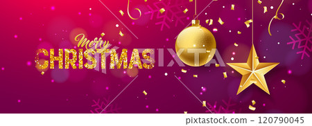 Merry Christmas and Happy New Year Illustration with Gold Glittered Typography Letter and Falling Confetti on Shiny Red Background. Vector Holiday Season Design for Greeting Card, Party Invitation or Merry Christmas and Happy New Year Illustration with Gold Glittered Typography Letter and Falling Confetti on Shiny Red Background. Vector Holiday Season Design for Greeting Card, Party Invitation or 120790045