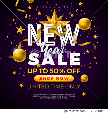 Happy New Year Sale 2025 Design with Typography Lettering, Gold Christmas Ball and Star on Black Background. Holiday Special Offer Campaign Discount Illustration for Coupon, Voucher, Banner, Flyer 120790046