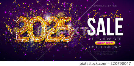 Happy New Year Sale 2025 Design with Gold Glittered Typography Lettering and Falling Confetti on Dark Background. Holiday Special Offer Campaign Discount Illustration for Coupon, Voucher, Banner Happy New Year Sale 2025 Design with Gold Glittered Typography Lettering and Falling Confetti on Dark Background. Holiday Special Offer Campaign Discount Illustration for Coupon, Voucher, Banner 120790047