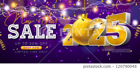 Happy New Year Sale 2025 Design with 3d Gold Typography Lettering and Light Garland on Violet Background. Holiday Special Offer Campaign Discount Illustration for Coupon, Voucher, Banner, Flyer Happy New Year Sale 2025 Design with 3d Gold Typography Lettering and Light Garland on Violet Background. Holiday Special Offer Campaign Discount Illustration for Coupon, Voucher, Banner, Flyer 120790048
