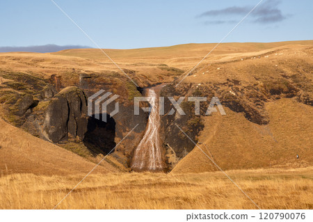 Field and Systrastapi rock in the autumn, Iceland Field and Systrastapi rock in the autumn, Iceland 120790076