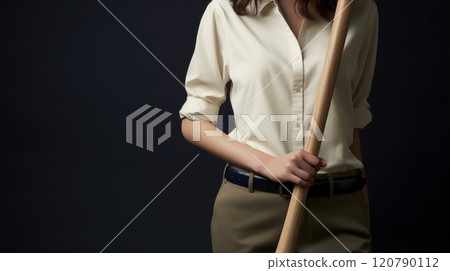 Confident businesswoman holding baseball bat, symbolizing competition and strength. Ready to face challenges with courage and determination Confident businesswoman holding baseball bat, symbolizing competition and strength. Ready to face challenges with courage and determination 120790112
