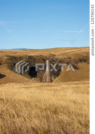 Field and Systrastapi rock in the autumn, Iceland 120790142
