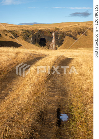 Field and Systrastapi rock in the autumn, Iceland Field and Systrastapi rock in the autumn, Iceland 120790155