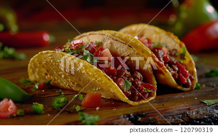 An image of a delicious taco seasoned with spicy chili sauce and spices An image of a delicious taco seasoned with spicy chili sauce and spices 120790319