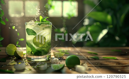 Photo of mojito cocktail served on a rustic wooden table can be used for commercial purposes Photo of mojito cocktail served on a rustic wooden table can be used for commercial purposes 120790325