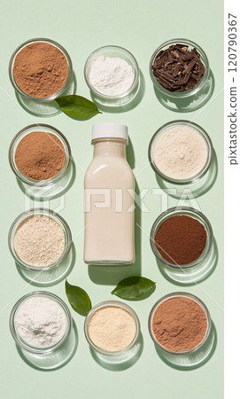 Plant-based Milk and Protein Powders on Green Background Plant-based Milk and Protein Powders on Green Background 120790367