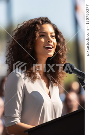 Confident Woman Speaking at a Political Rally 120790377