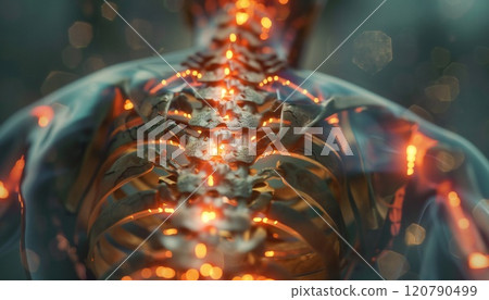 An illustration depicting spine and back pain as an x-ray 120790499