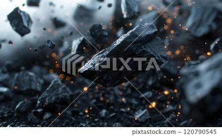 Abstract piles of black dust and rocks suspended in the air Abstract piles of black dust and rocks suspended in the air 120790545