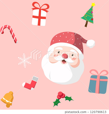 Christmas seamless pattern background, with cute cartoon of Santa Claus head, ornament, Christmas tree, candy canes, snowflake, gift box, bell, sock isolated on pink background 120790613
