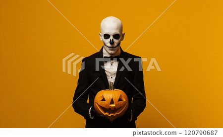 Creepy Halloween costume: zombie in a suit holding a carved pumpkin 120790687