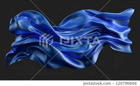 Elegant blue silk fabric, delicately draped, isolated on black background 120790688