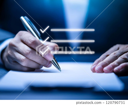 Using and completing a checklist, featuring elements like checkmarks, lists, and completed tasks, symbolizing organization, task management, and productivity. Using and completing a checklist, featuring elements like checkmarks, lists, and completed tasks, symbolizing organization, task management, and productivity. 120790731
