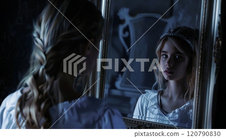 A beautiful girl looks in the mirror and sees the reflection of her dark soul 120790830