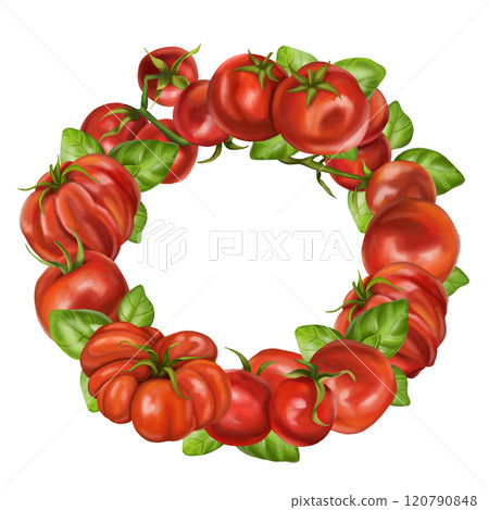 Red ripe tomatoes, fresh basil. A wreath of isolated objects for patterns design. Healthy food, sustainable gardening, eco lifestyle. Farm vegetables, fruits and greens. Isolated illustration 120790848