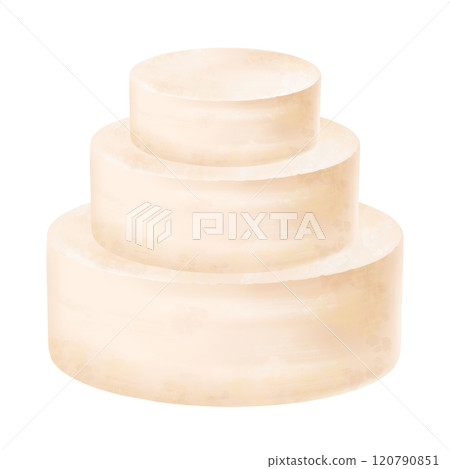 A delicate and delicious three-tiered hand-painted birthday cake. Vanilla sponge cake, a template. The cake in beige tones is ready for decoration for the holiday. Digital isolated illustration A delicate and delicious three-tiered hand-painted birthday cake. Vanilla sponge cake, a template. The cake in beige tones is ready for decoration for the holiday. Digital isolated illustration 120790851