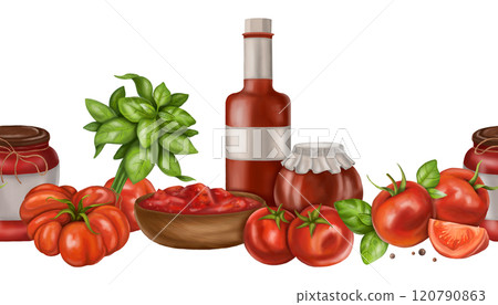 Red ripe tomatoes, fresh basil. Seamless horizontal border for long patterns design. Healthy food, sustainable gardening, eco lifestyle. Vegetable farm sauces, fruits, greens. Isolated illustration 120790863