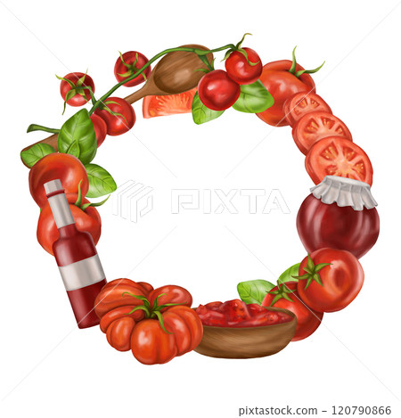 Red ripe tomatoes, fresh basil. A wreath of isolated objects for patterns design. Healthy food, sustainable gardening, eco lifestyle. Vegetable farm sauces, fruits, greens. Isolated illustration 120790866