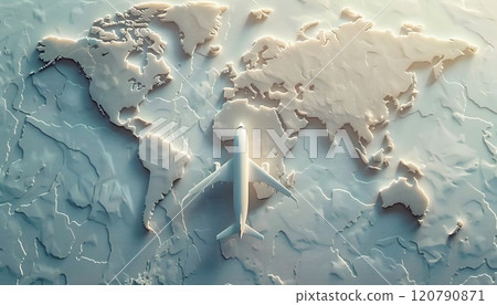 A plane flying above a white paper map of the world, representing travel and wanderlust 120790871